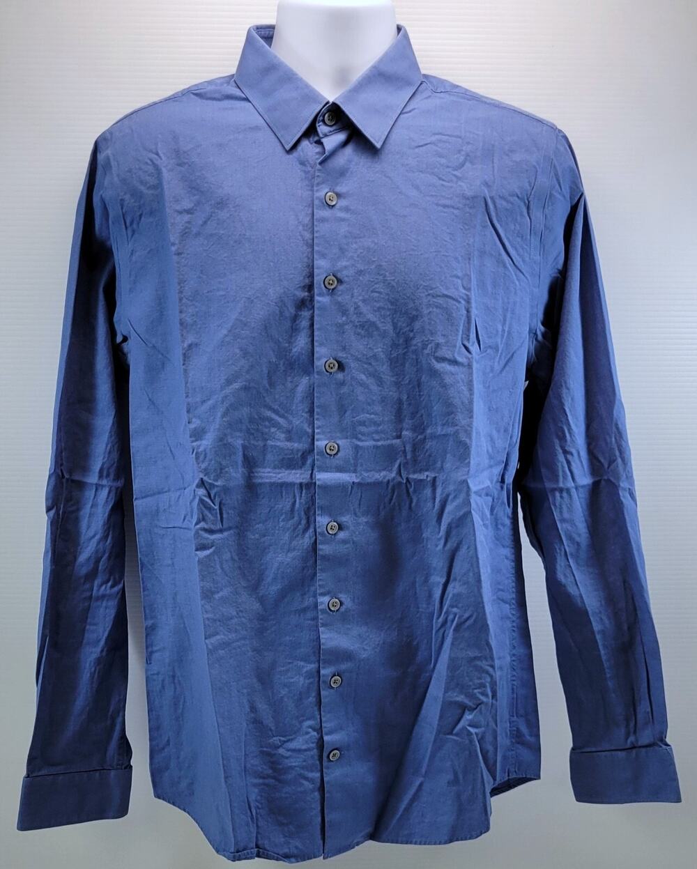 F4) Men Express 1MX Blue Grid Slim Stretch Button Up Dress Shirt Large
